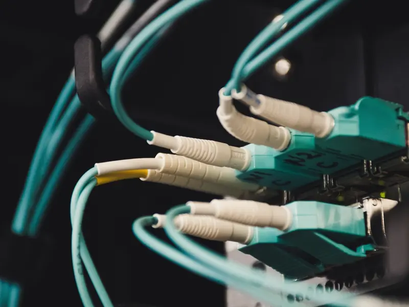 Aqua multimode LC duplex patch cords, close-up